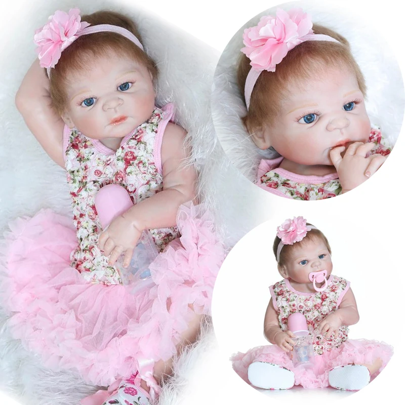

[SGDOLL] 22" Floral Print Dress Baby Girl Blue Eyes Full Body Vinyl Soft Touch Reborn Dolls Kids Toys Christmas Gift 16091903