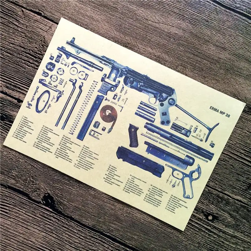 Топ Мода XQ-014 Винтаж крафт-бумага "ERMA MP38 пистолет" картинки для постер на стену домашний декор кафе декоративный Рисунок для бара 42x30 см