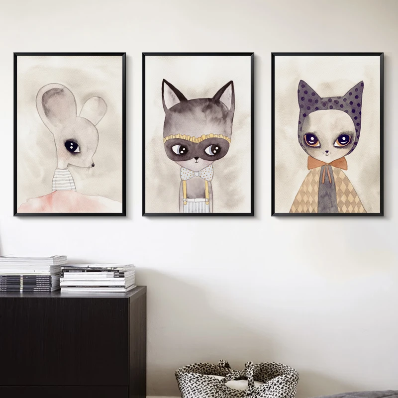 07G-Watercolor-Cartoon-Animal-Thieves-Fly-Mouse-A4-A3-A2-Canvas-Painting-Art-Print-Poster-Picture