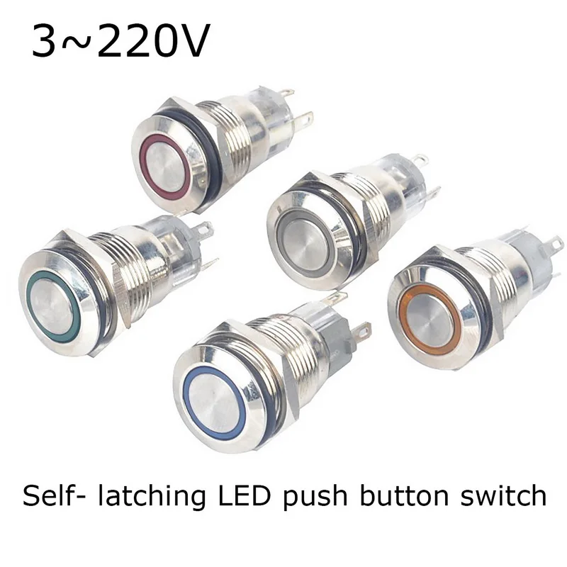 

3V-220V LED Push Button Switch 16mm Mouting Hole Metal Annular Waterproof Self-Lock Selfreset Momentary Latching Car Auto Engine