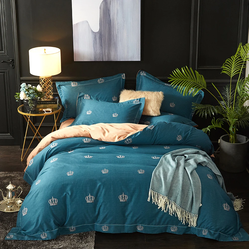 

Papa&Mima Little crowns print Luxurious Sanding cotton bedding set Queen King size flat sheet pillowcases duvet cover sets