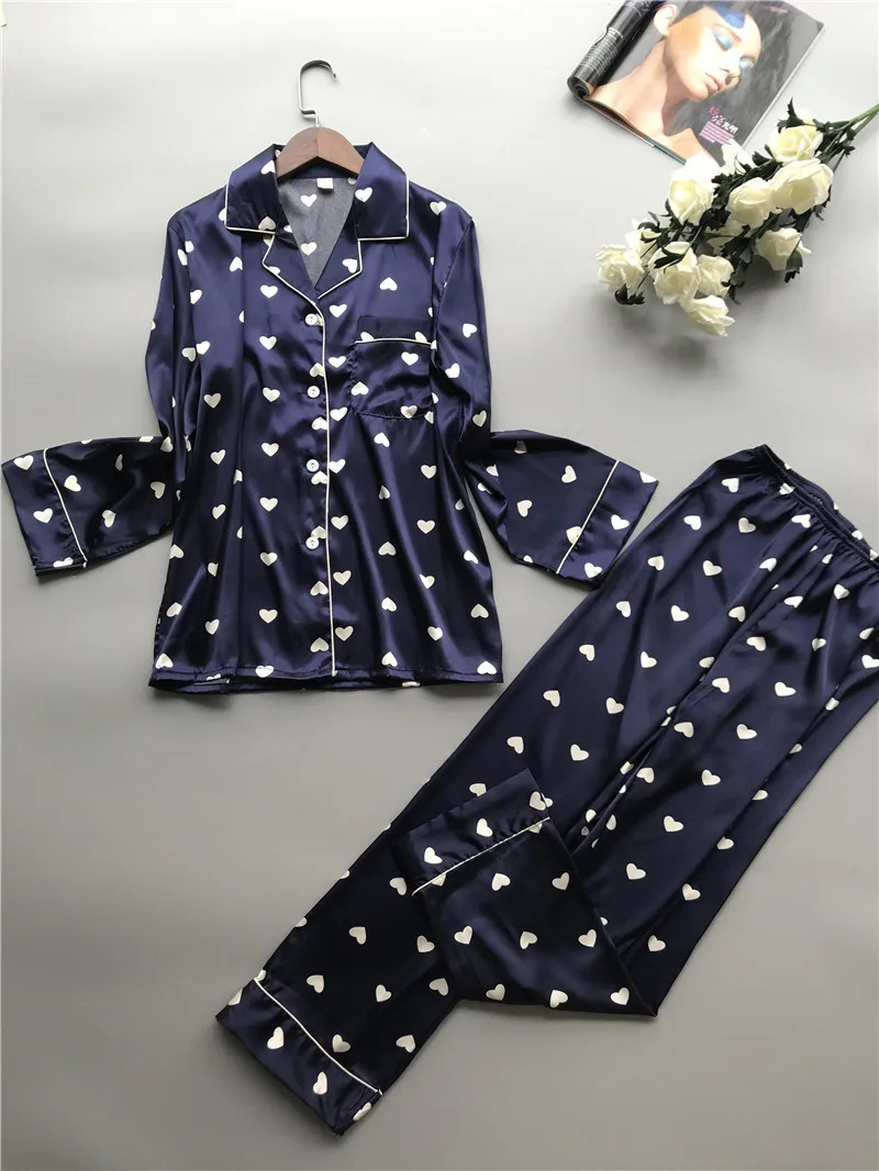 Daeyard Женская мода для сна Lounge Шелковый пижамный комплект Элегантный принт блузки и брюки пижамы Сексуальная Домашняя одежда ночное белье