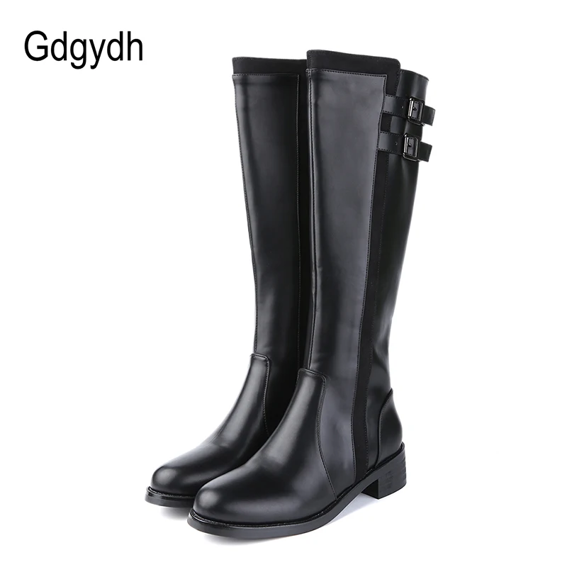 

Gdgydh Wholesale 2018 Women Winter Knee High Boots Zipper Black Women Leather Boots Female Square High Heels Round Toe Shoes