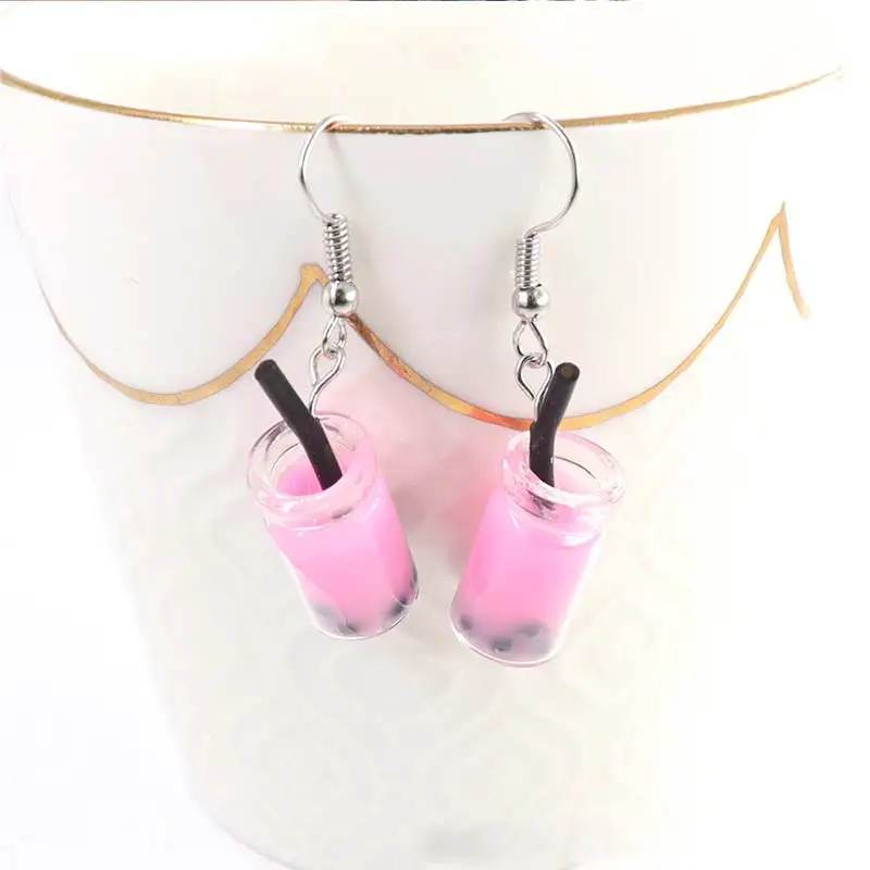 Personality Resin Milk Tea Drink Earring Girls Gifts Colors Candy Color Creative Unique Bubble Tea 45 Colors Drop Earrings 1Pair - Окраска металла: 15
