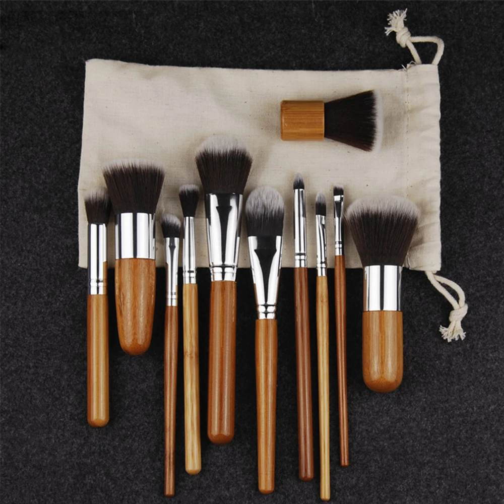 

11pcs Natural Bamboo Makeup Brushes with Bag Professional Cosmetics Eyeliner Brush Kit Soft Kabuki Foundation Blending Tool