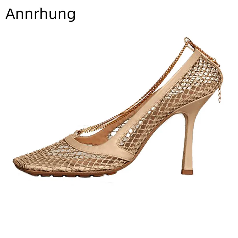 

Square Toe Mesh Sandals Metal Chain Shoes Women Sexy Air Mesh High Heels Slim Shoes New Chic Cut Out Sandalias Mujer 2019