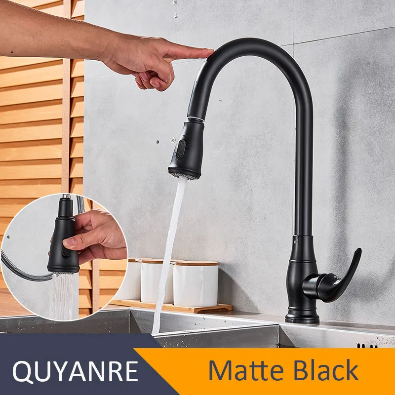Quyanre матовый черный сенсорный кухонный кран чувствительный умный сенсорный Одноручный смеситель сенсорный датчик умный черный кухонный кран - Цвет: Matte Black