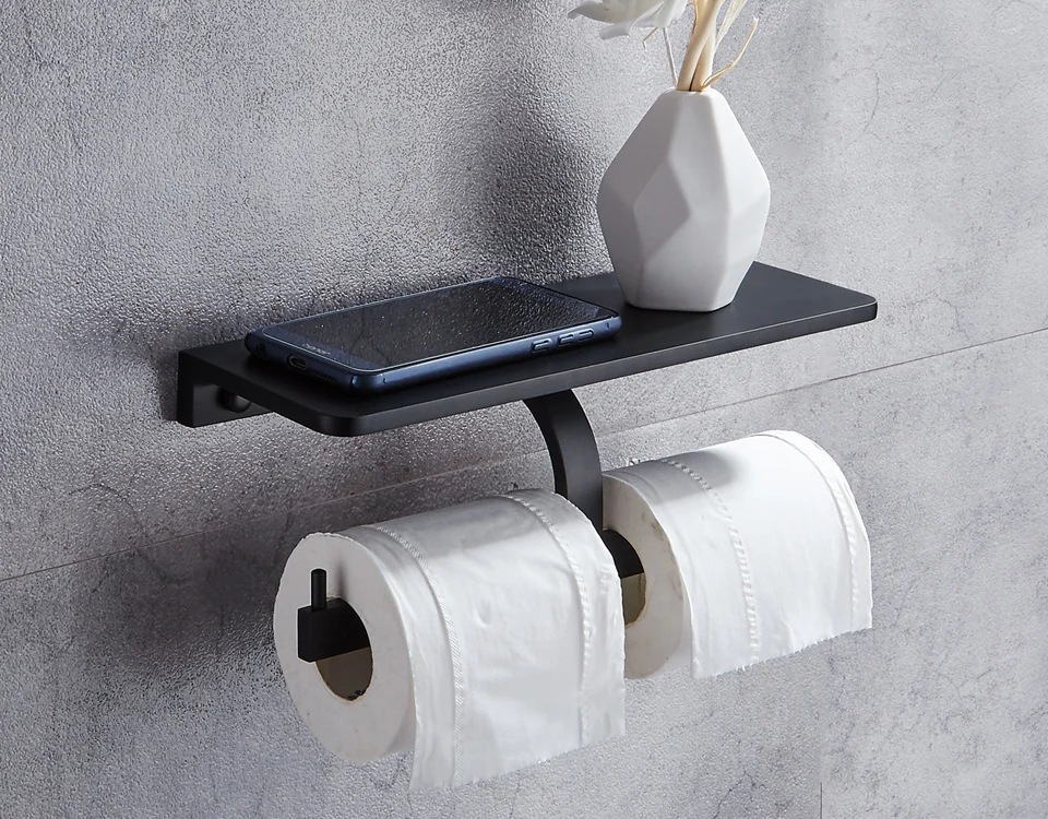 Алюминиевая черная туалетная бумага, держатель для телефона, полка хранения, настенный держатель для ванной комнаты с двойным рулоном