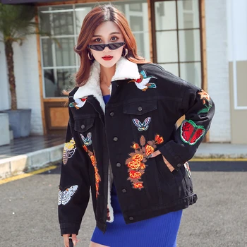 

Winter Coat Women 2018 Black Embroidered Tiger Denim Outerwear Autumn Fashion Casual Elegant Coat