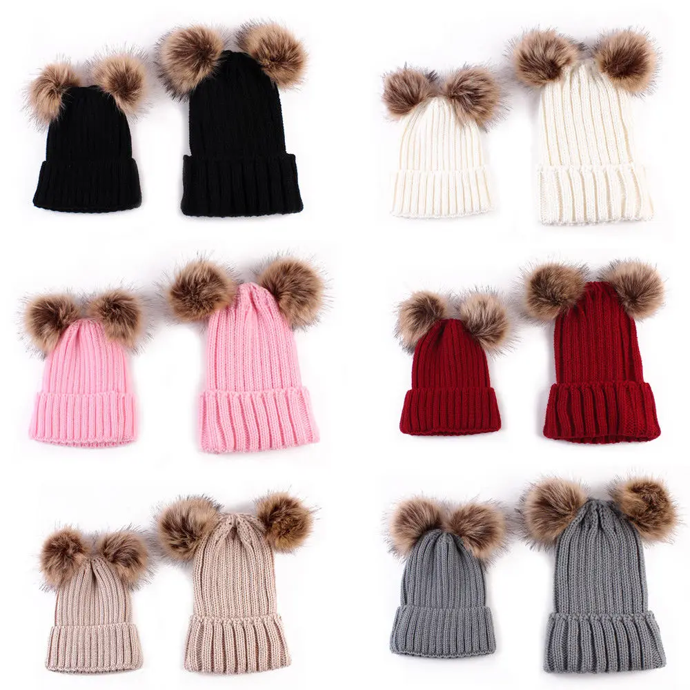 

1PCS Mom or Child Kids Baby Warm Bobble Knit Hats Fur Pom Winter Crochet Ski Warm Cute Cap