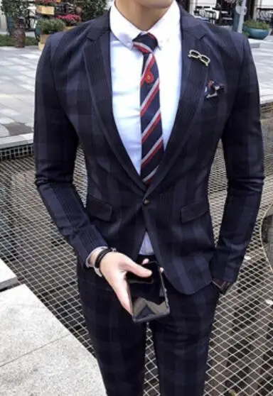 Plaid Suit For Men Mens Big Plaid Suit Ankle Length Costume Homme Mariage Cofee Blue Stripe Check Elegant Trajes De Hombre Novio