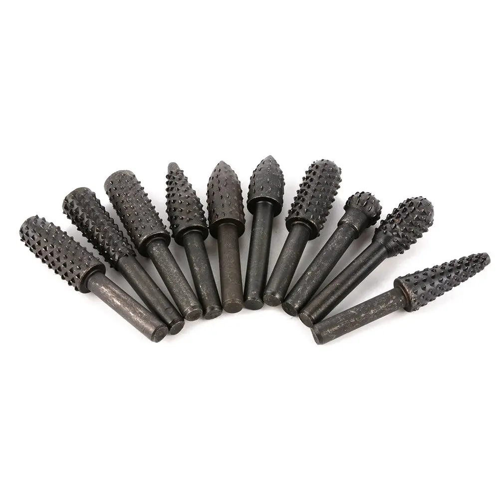 LIXF 10pcs Rotary Burr Set Wood Carving File Rasp Drill Bits 1/4 inch