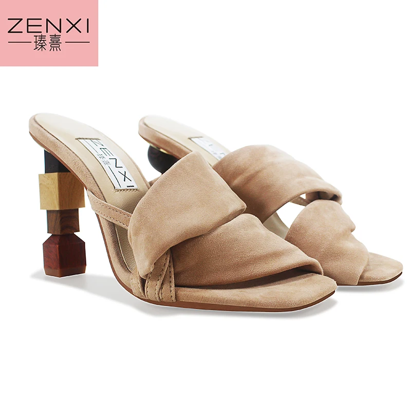 

ZENXI Strange Heel Women Summer Sandals 10CM High Heel Slippers Suede Gladiator Sandal Ladies Prom Dress Shoes Slides women shoe