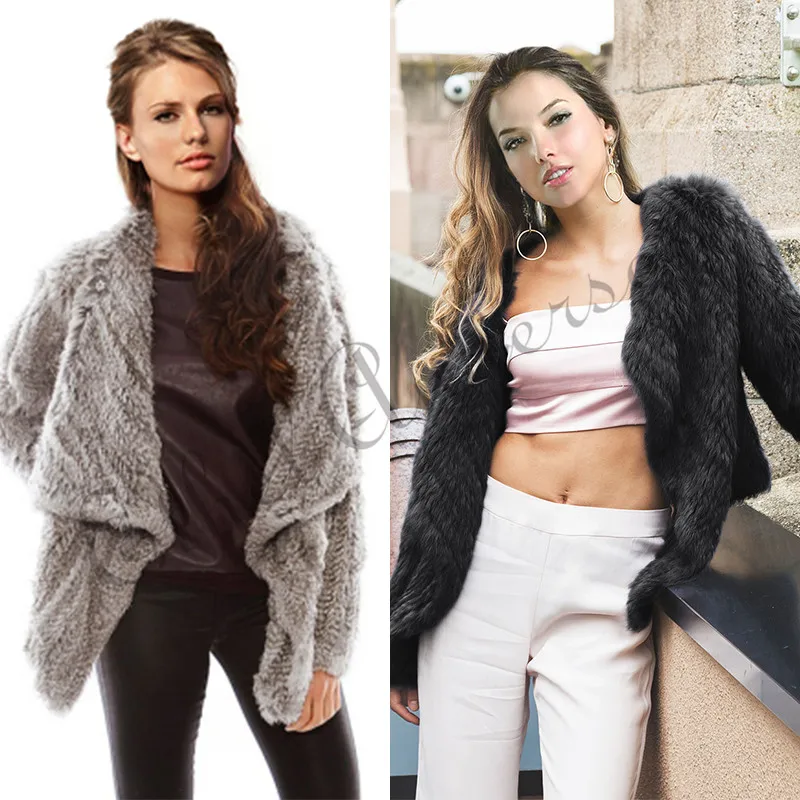 

Real Rabbit Fur Coat Cardigan Lady Knitted Irregular Collar Special Design Thick Jacket Casual Overcoat Pocket Magic Present