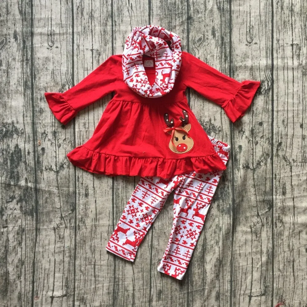 

baby Christmas winter OUTFITS girls 3 pieces with scarf sets girls red dress top with Azect reindeer pants clothes Christmas set