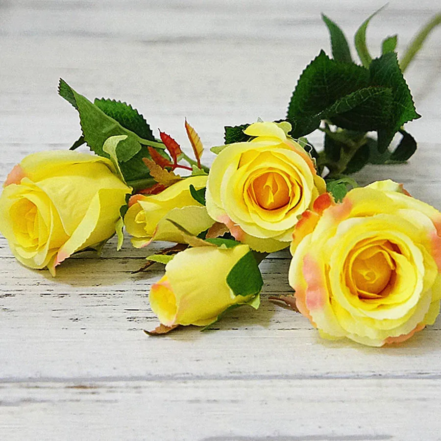 Розы Искусственные цветы для свадьбы настенный искусственный белый домашний декор пластиковая длинная ветка 5 голов розовые розы шелковые цветы - Цвет: yellow flowers