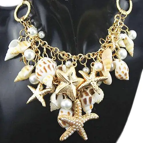 

Women's Ocean Sea Shell Pearl Starfish Layered Statement Necklace Jewelry
