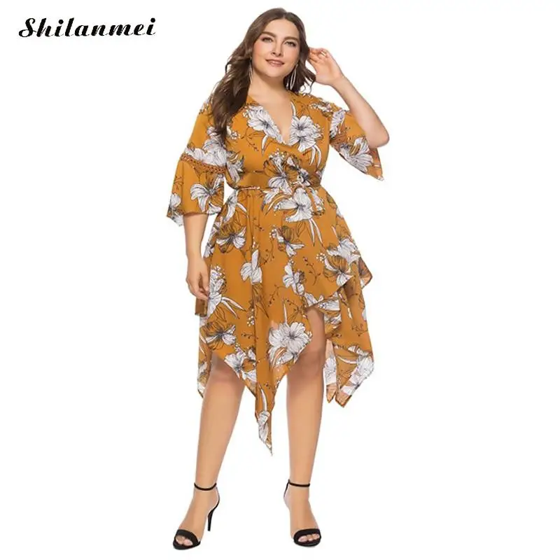 Chiffon One Piece Dress Plus Size Summer Irregular Dresses Women Fashion Print Deep V Large