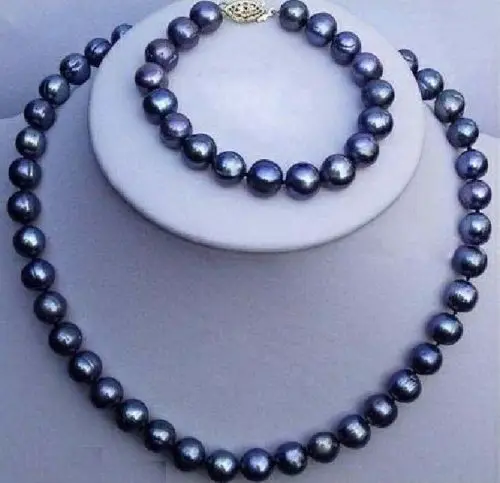 

9-10mm natural tahitian black pearl necklace bracelet set 925silver gold
