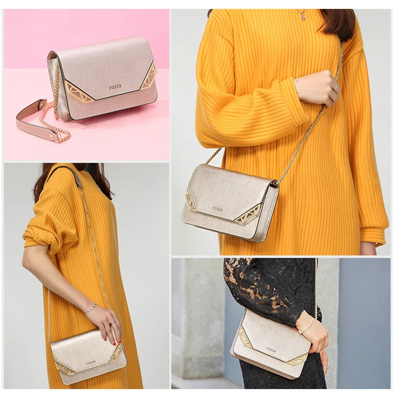 FOXER Brand Women Cowhide Leather Shoulder bag Women's Chain Strap Crossbody Bag Fashion Ladies Bag Female Messenger bag