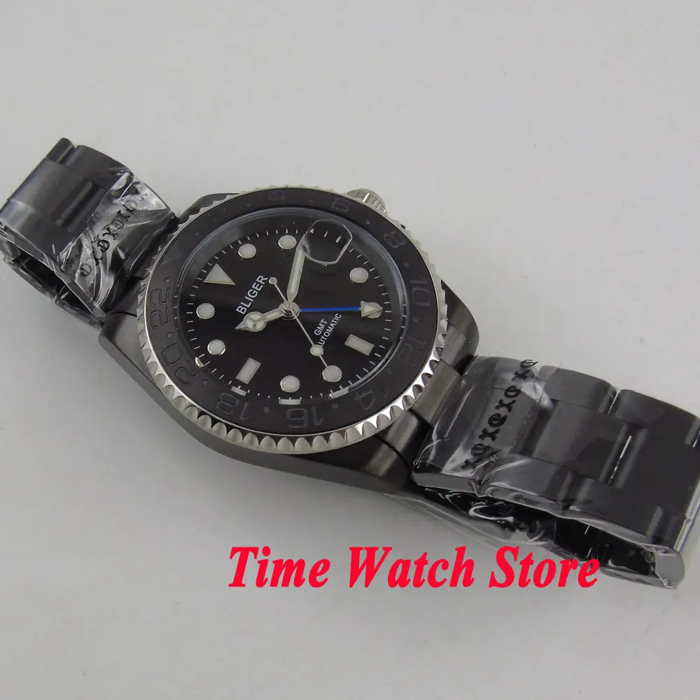 Bliger 40 мм GMT 3804 автоматические мужские часы PVD корпус черный циферблат светящийся