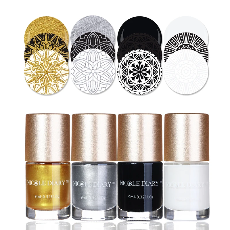 

4 Bottles Red Series Stamping Polish Set 9ml Gold Silver Black White Nail Art Varnish Nail Plate Printing Polishes Kit