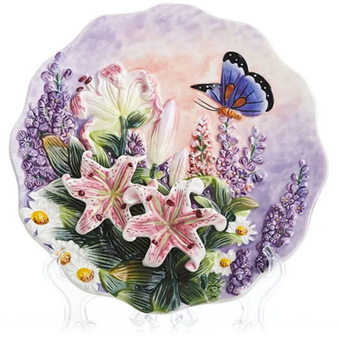 

creative handmade painted emboss lily butterfly flower decorative hanging plate ceramic plate modern home decoration ornaments