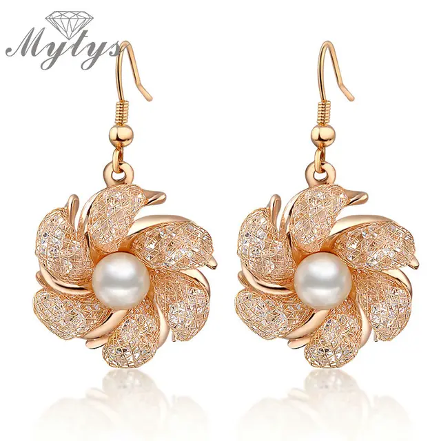 Mytys Flower Mesh Earrings Wire Gold Net Crystal Drop Mytys Flower Mesh Earrings Wire Gold Net Crystal Drop Pearl Stamen Pistil Ce149