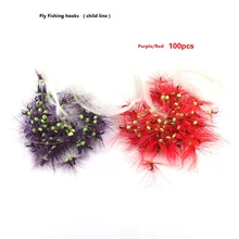 Новые рыболовные крючки имитация насекомых рыболовный крючок муха рыболовные крючки фиолетовый/красный 100 шт. прикрепленная детская леска рыболовные снасти