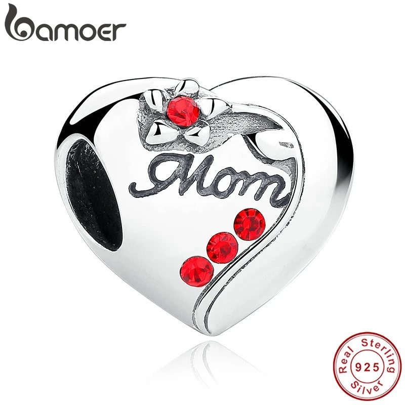 BAMOER Authentic 925 Sterling Silver MOM Red Heart Charms fit Bracelets Mother's Day Gift SCC004