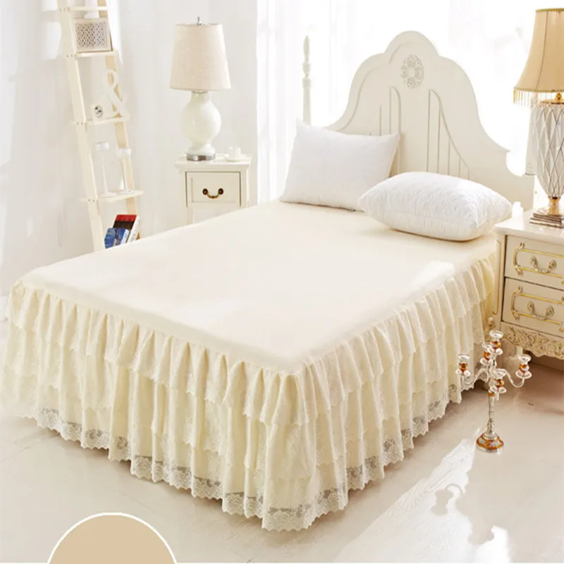 

Free Shipping Cake Layers Princess Lace Pink Purple Beige Girls Bed skirt Full/Queen/King Size Bedspread Home Decorative JEAN