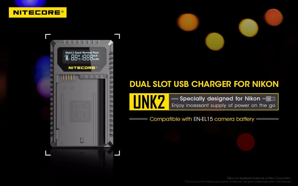 Лучший Nitecore UNK2 цифровой USB Зарядное устройство для EN-EL15 Nikon батареи D610 D750 D800 D800E D810 D810A D850 D7000 D7100 D7200 D7500