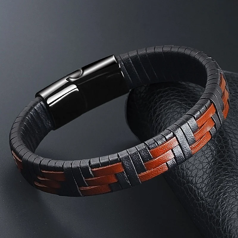 

2018 Vintage Leather Bracelet Men Jewelry Stainless Steel Magnetic Clasp Handmade Bracelets Bangles Mens Jewellery Pulseras Gift