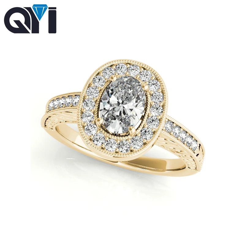 

QYI 14k Yellow Gold 1 Carat Oval Cut Moissanite Diamond Wedding Rings For Women Engagement Halo Ring