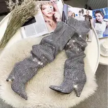 Роскошные женские сапоги с украшением в виде кристаллов; кожаные сапоги до колена с заостренным носком, украшенные стразами, на КОНУСНОМ каблуке; Botas