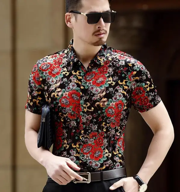 Newsosoo Mens Flower Print Design Silk Shirts Men Casual Short Sleeve