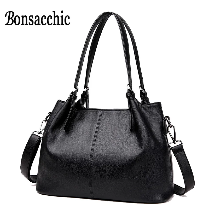 Bonsacchic Ladies Genuine Leather Bag Handbag Women Famous Brand Black Leather Tote Bags for Women Hand Bag Big Bolsas femininas