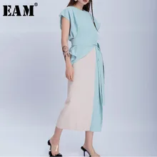 [EAM] Новинка, весенне-летнее платье с круглым вырезом и коротким рукавом, хит, цвет синий, с оборками, Бандажное, темпераментное платье, женская мода, JS219