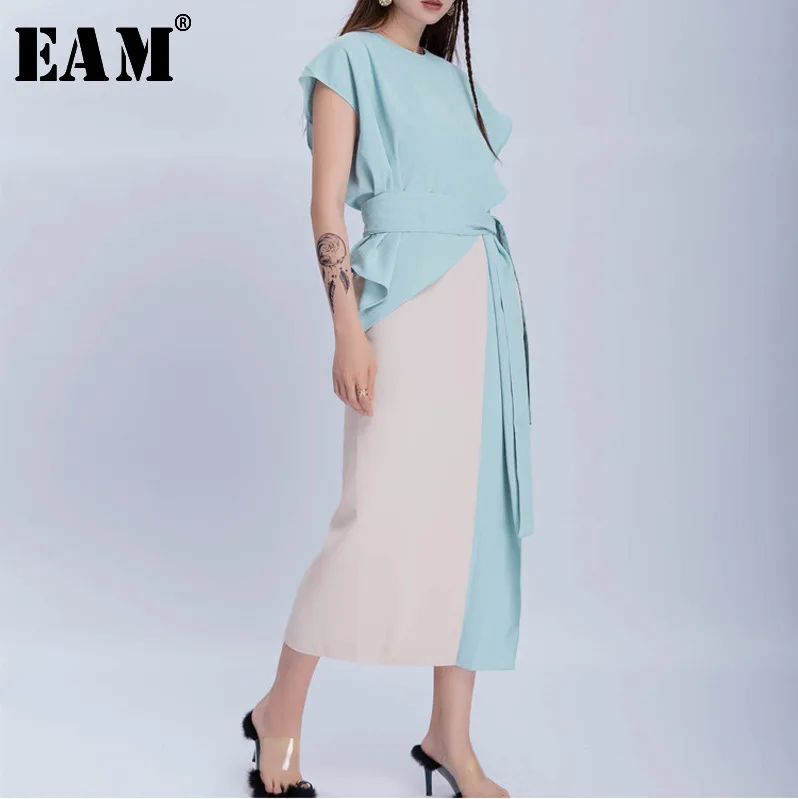

[EAM] 2019 New Spring Summer Round Neck Short Sleeve Hit Color Blue Ruffles Bandage Temperament Dress Women Fashion Tide JS219