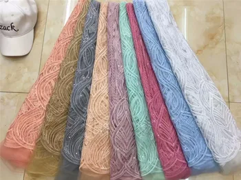 

2018 High Quality African Lace Fabric Gold , milk French Net Embroidery Sequins Tulle Lace Fabric For Nigerian party Dress Pink