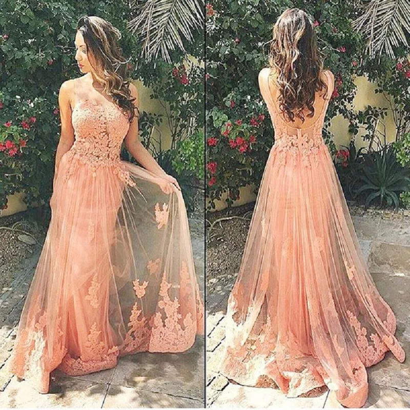 

New Fashion Sleeveless Orange Appliques Prom Dresses 2016 Sweep Train Backless Long Evening Party Dress Graduation Dress