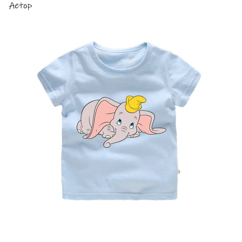 Футболка с забавным рисунком слона Дамбо, детские летние топы с круглым вырезом, футболка для маленьких девочек, повседневная детская одежда - Цвет: Sky blue 1