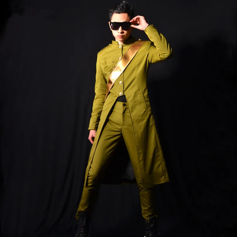 Зеленая синяя длинная куртка тренчи для мужчин Вечерние Пром танцор певец представление шоу одежда на открытом воздухе тонкая одежда