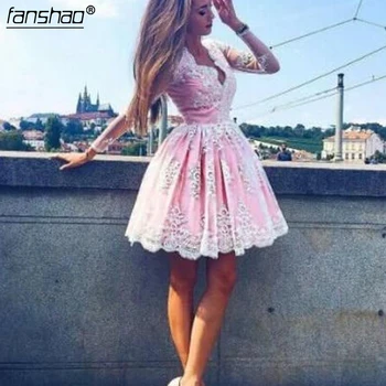 

Pink Lace Homecoming Dresses A-line V-neck Long Sleeves Short Mini Lace Appliques Elegant Cocktail Dresses