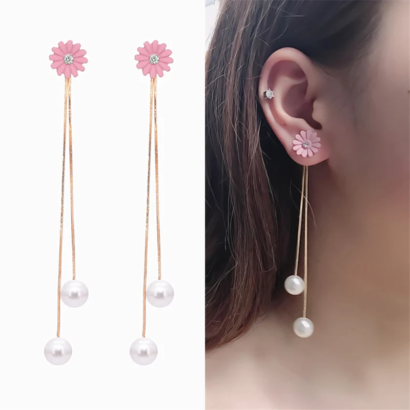 

Hot Fashion Long Statement Pink Chrysanthemum Crystal Gold Tassel Simulated Pearl Rear Hanging Drop Earrings for Women Brincos
