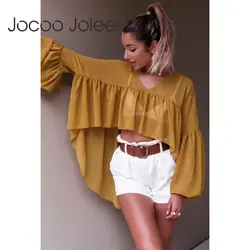Jocoo Джоли 2018 Мода скошенный сверху вниз, асимметричный подол Шифоновая Блузка Сексуальная V шеи с длинным рукавом рюшами блузки кроп топы