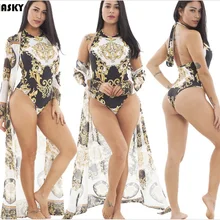 IASKY 2 шт./компл. пляжное платье+ купальный комплект стиль; Новинка; в стиле ретро, с рисунком, купальники, пляжный костюм, накидка, и с высокой горловиной, купальник для женщин, пляжная одежда