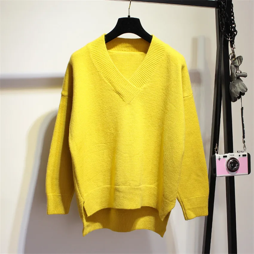 

2017 New Autumn Winter Warm Knitted Pullover Sweater Women Knitting V-Neck Solid Sweater Female Elegant Thick Sweaters Lady Mw49
