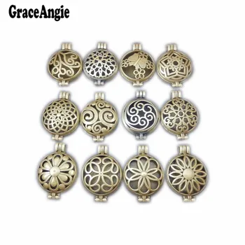 

12PCS Round Bronze Locket Plate Fragrance Essential Oil Aromatherapy Diffuser Hollow 12styles Lockets Necklace Charms Pendant