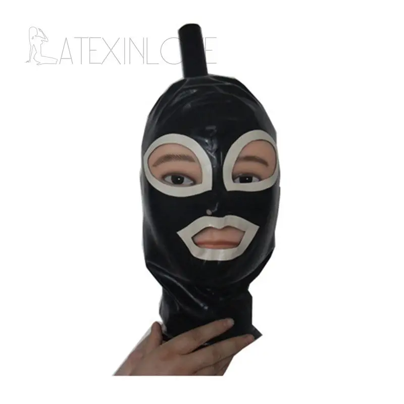 One-Ponytail-Hole-Sexy-Black-Latex-Hood-Mask-Fetish-Rubber-Mask-Open-White-Eyes-Mouth -4
